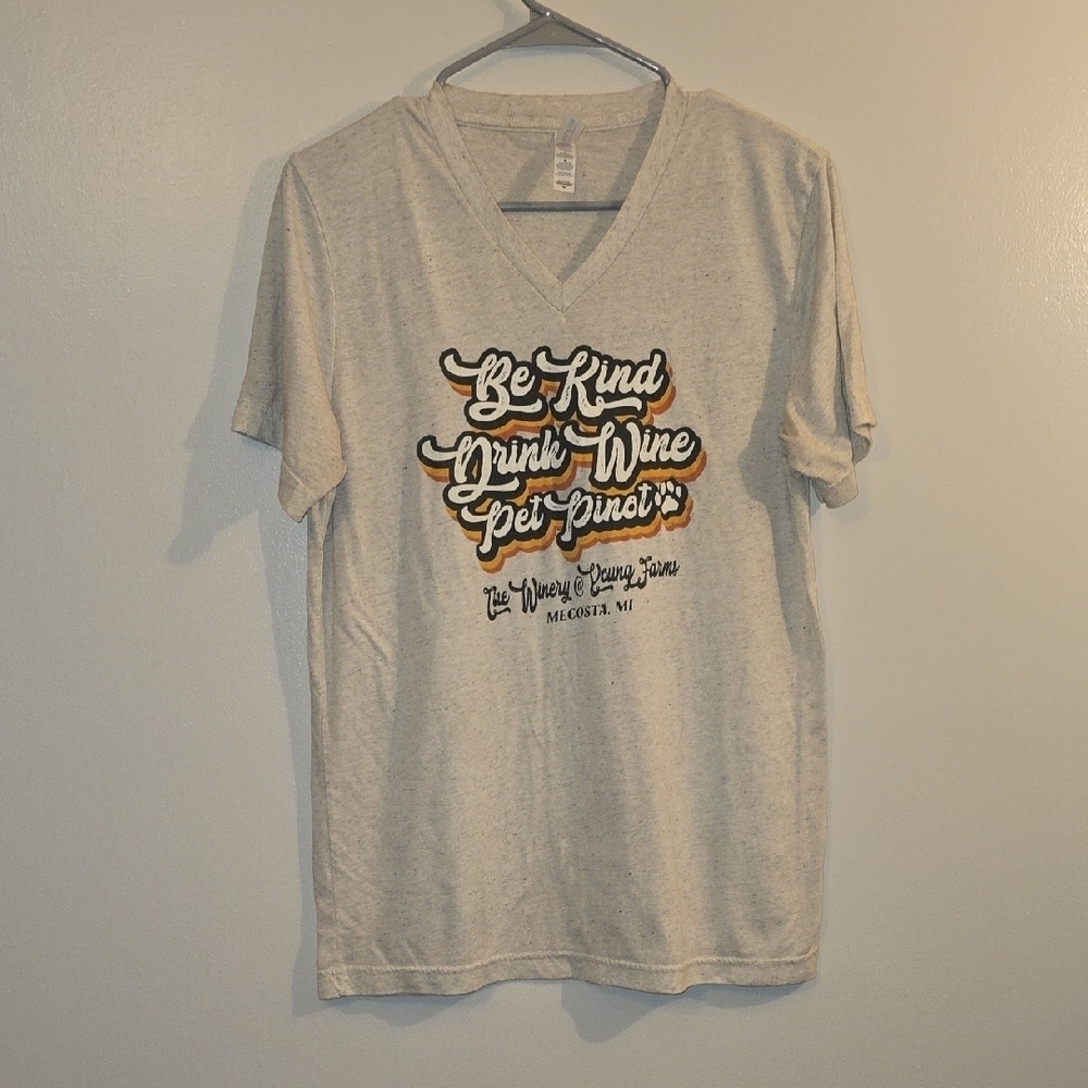 Bella Canvas Tan V-Neck Tee "BE KIND, DRINK WINE, PET PINOT" Young Farms LOT R1